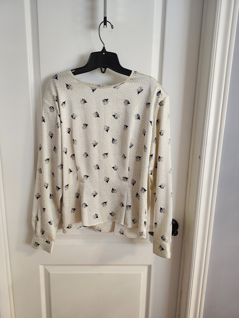 Cream Long Sleeve Blouse with Black Print Motif